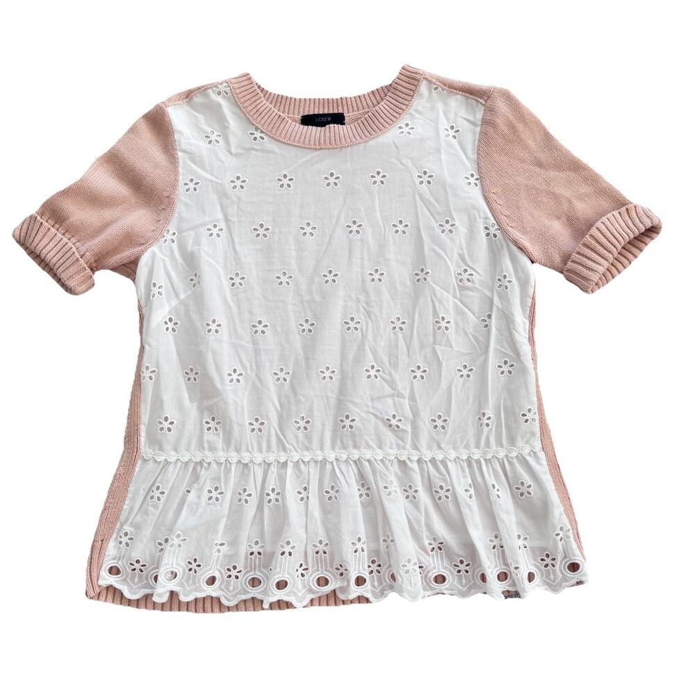 J.Crew Ivory Eyelet Lace Twofer Sweater Top Womens Sz S 100% Cotton